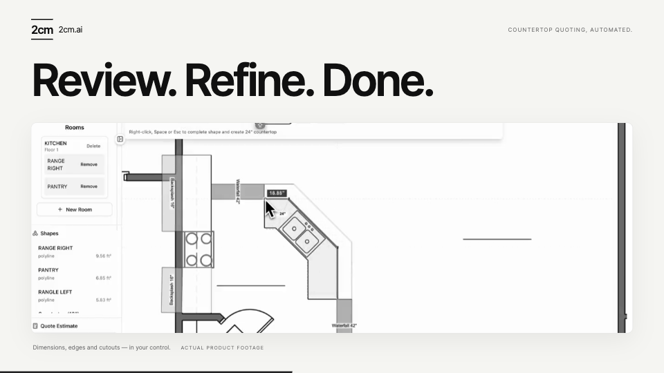 2cm.ai product footage showing an estimator reviewing countertop shapes and dimensions over a kitchen plan